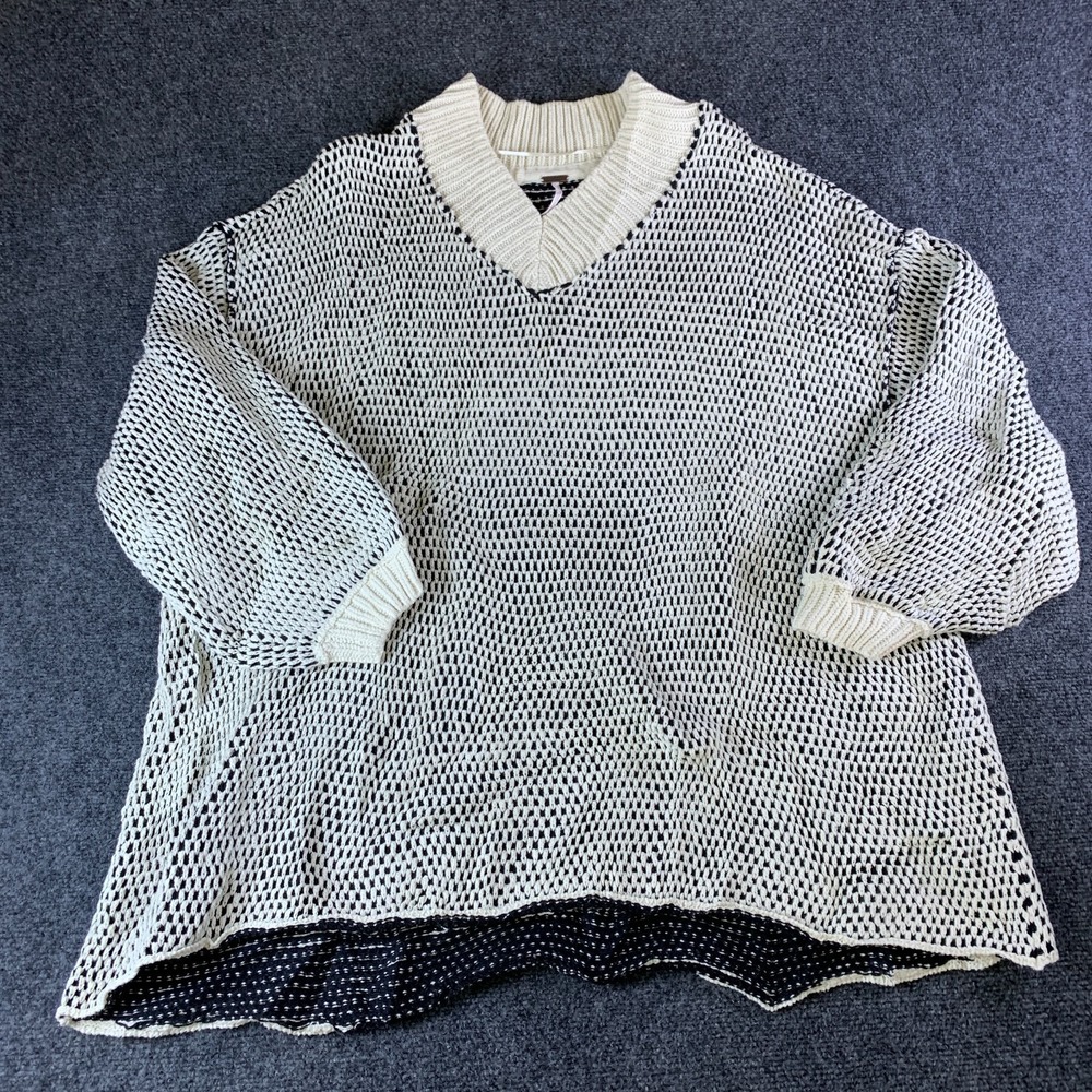Free People Maisie Sweater Womens Large Beige Black V-Neck Pullover OB1984480